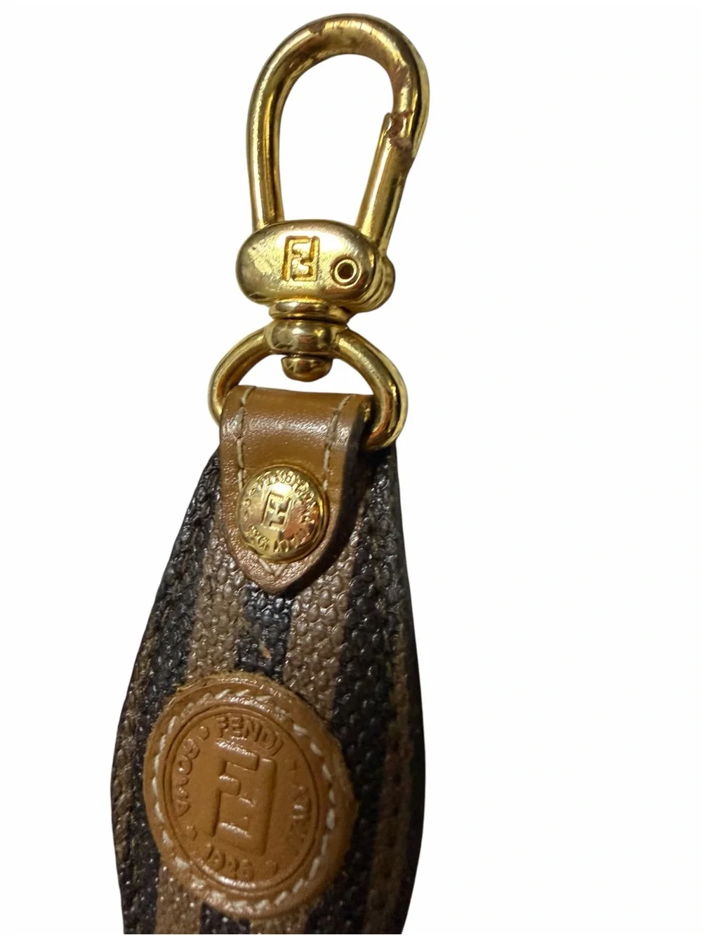 Fendi Brown & Black Leather Stripe Key Holder with Gold Hardware